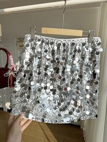 Comfortcana 大码女式时尚性感亮片迷你裙，适合音乐派对 - 銀色 - 查看 2