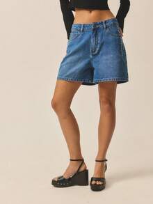 Aralina Pantalones cortos vaqueros de cintura baja y pierna ancha con lavado desgastado y decoración de rhinestones, de estilo casual de verano - Azul - Ver 4