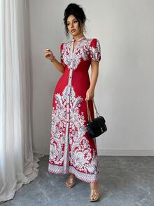 SHEIN Elenzya 2025新款女士深红色优雅性感V领开衩下摆修身长裙，适合女士婚礼、正式晚宴、派对、约会、情人节等场合（花卉图案） - 紅色 - 查看 6