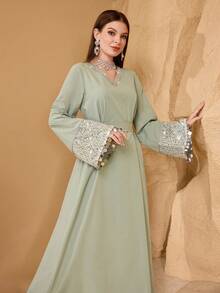 Al Najma Women's New Fashionable Elegant Luxurious Sequin Mesh Sleeve Sequin Ribbon Splice Lace Collar Embroidered Waistband Slimming Long Arabic Dress - Green - View 4