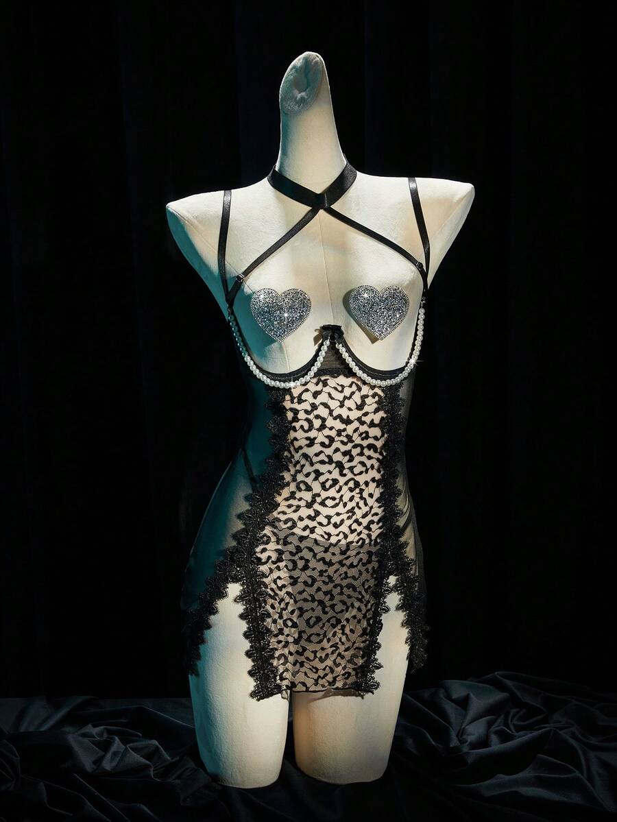 SpicyHot 四件套蕾丝拼接女士睡衣套装。性感薄纱睡裙，水晶乳贴 - 彩色 - 查看 1