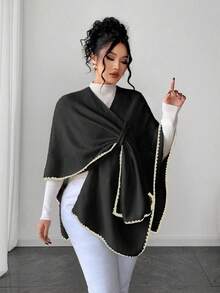 Elenzga 女士优雅时尚宽松加大码毛衣斗篷，适合秋冬季外套穿着 - 黑色 - 查看 5