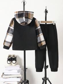 SHEIN 2 件套男童格子连帽夹克和运动裤套装，春秋季幼儿格子男童格子夹克 - 彩色 - 查看 2