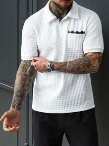 Manfinity Homme Men's Summer Casual Daily Commute Plaid Print Pocket Textured Fabric Short Sleeve Polo Shirt Men Shirts Polo White Polo Shirt Mens Golf Shirt - White - View 6