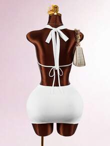 Amplova 女士深V领连衣裙套装，包含文胸、露背迷你连衣裙，白色，性感简约，适合日常穿着。 - 白色 - 查看 2