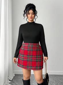Elenzga Plus Size Women Elegant 2-Piece Set Solid Stand Collar Long Sleeve T-Shirt And Plaid Midi Skirt,Black And Red,Autumn,Smart Casual,Everyday Club Outfit - Black - View 6
