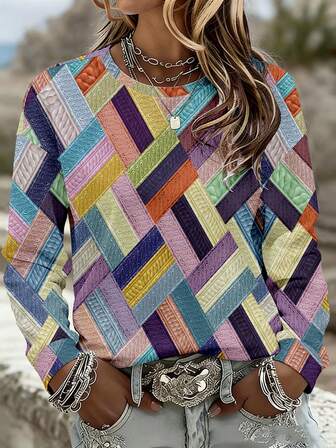 EMERY ROSE Sweat-shirt ample femme à col rond, imprimé géométrique minimaliste et décontracté