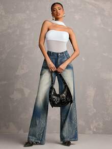 SHEIN BAE Body transparent sans bretelles noir unicolore pour femmes, blanc, été, élégant, sexy chic, club, convient pour les festivals de musique, les concerts, les fêtes, les tenues de festival - Blanc - Voir 4