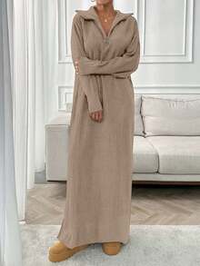EURMUSE Long Sweater Dresses With Zipper Details,Petite - Camel - View 3