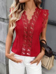 SHEIN LUNE 女士休闲蕾丝拼接衬衫，简约百搭，适合春夏日常穿着和通勤。 - 酒紅色 - 查看 6