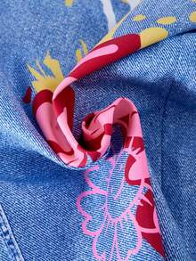 SHEIN ChillGRL 三件套街头风休闲少女宽松牛仔印花裤、露脐吊带背心和长袖连帽衫套装，时尚街头风 - 粉色 - 查看 6