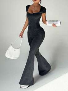 Dewbera 1pc Women's Seamless Washed Matte Sweetheart Collar Butterfly Sleeve Slimming Yoga Exercise Dance Gymnastics Jumpsuit Flare Pants - Black - View 3