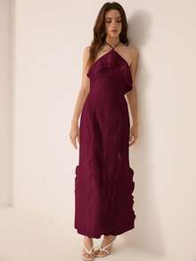 Revavyn White Chiffon Halter Neck Frill Trim Fitted Dress - Burgundy - View 5