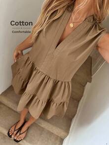 Easowa Women's Casual O-Neck Sleeveless A-Line Frill Trim Pocket Mini Dress For Holiday And Daily Wear Tiered Dress Khaki Dress Tan Dress Women Brown Summer Dress Women Vacation Dress - Khaki - View 6