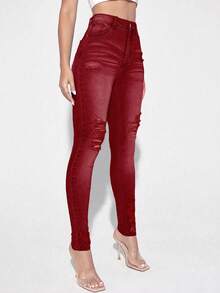 Selenza Quần Jeans Denim Cạp Cao Có Túi, Kiểu Dáng Ôm, Thường Ngày, Đa Năng Cho Nữ - Đỏ - Xem 6