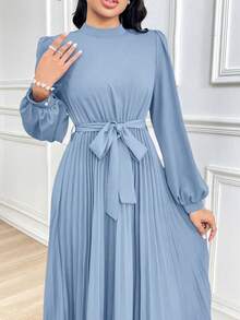 Modelyn Mock Neck Long Lantern Sleeve Pleated Hem Belted Modest Dress Long Evening Dresses