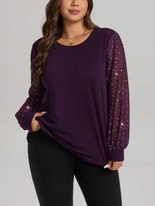 Comfylo 大码女式亮面圆领长袖百搭上衣，适合通勤和聚会穿着 - 紫色 - 查看 7