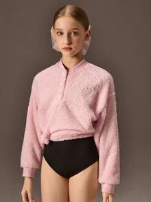 SHEIN Tween Girls Plush, Warm Sweatshirt; Perfect For Dance, Ballet, Dance Training, Everyday Wear, Comfortable At Home, Ballet-Inspired Outfits, Versatile, Christmas. - Pink - View 3