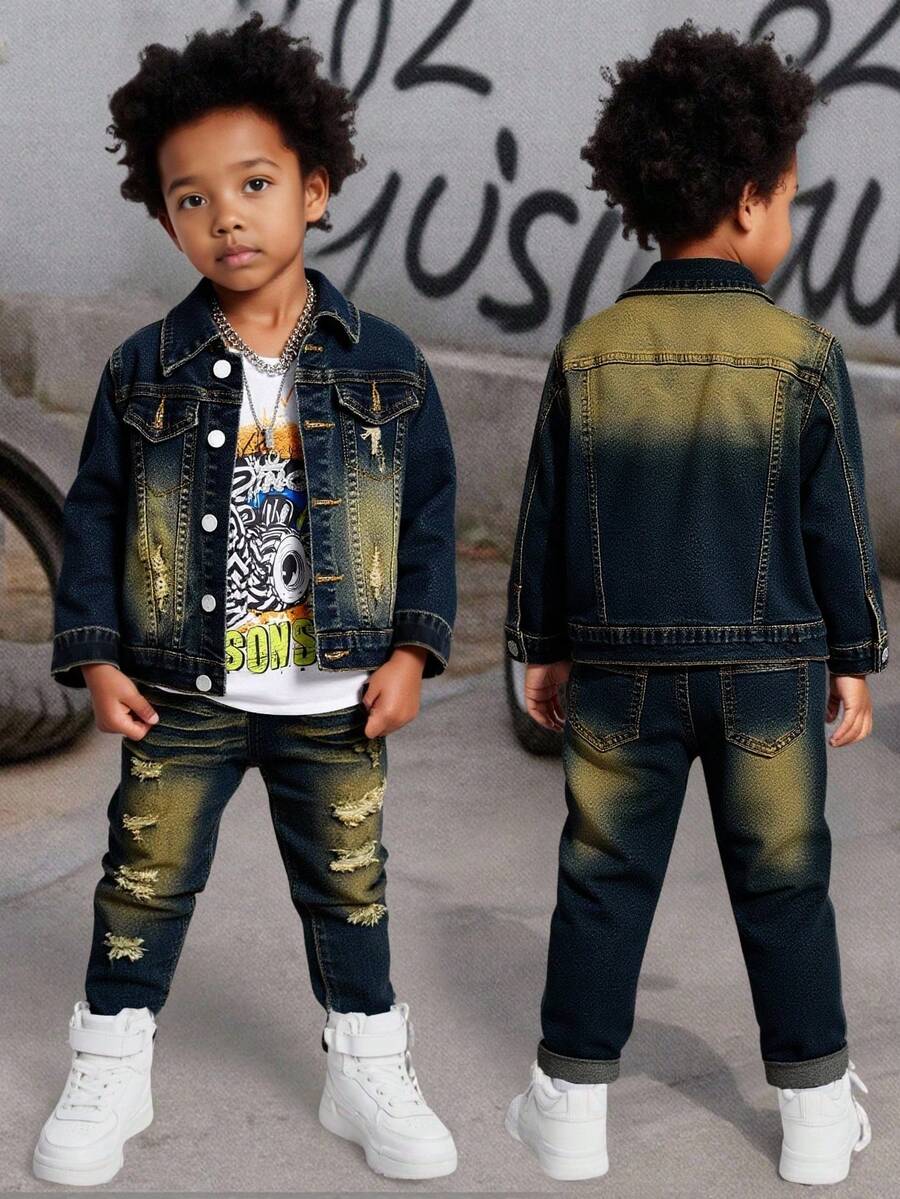 Bubblio Conjunto de 2 piezas de chaqueta de manga larga con cuello rasgado de denim azul y pantalones elásticos ajustados para niño pequeño - Azul lavado oscuro - Ver 1