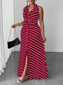 Maweii Plus Size Women Casual Striped Knit Twist Design Dress