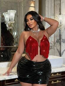 NU&NOW Áo cánh không tay đính sequin và dây xích kim loại gợi cảm cỡ lớn màu bạc cho bữa tiệc - Đỏ - Xem 4