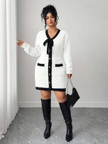 Elenzga Plus Size Women Colorblock Knitted Tie Front Elegant Sweater Dress, Autumn/Winter - White - View 6