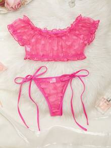 2pcs Lace Wireless Bra & Thong Panty Set (Wireless, Thong), Suitable For Wedding Season - Hot Pink - View 2