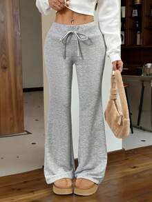 CovetEZ Solid Color Drawstring Twist Flare Leg Casual Versatile Knit Women Pants