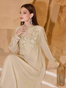 SHEIN Najma Elegant Lace Trim Beaded Decor Women's Arabic Style Dress Kaftan Jalabiya Dress - Apricot - View 7