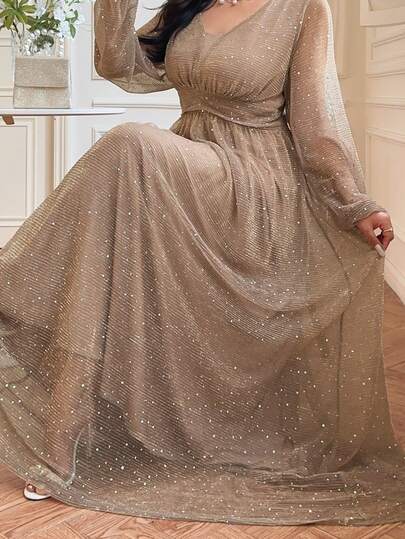 Dazy Plus 情人节优雅亮片收腰灯笼袖连衣裙，大码女装，春夏舞会礼服，新年女装，嘉年华闪亮连衣裙