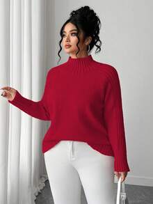 Elenzga Áo len cổ lọ tay dài dáng rộng thoải mái cho nữ, cỡ lớn, phù hợp làm áo khoác ngoài mùa thu/đông - Đỏ - Xem 3
