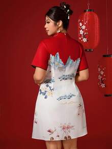 Elenzga Plus Size Women Floral Print Button Design Short Sleeve Chinese Style New Year Party Dress Oriental Dress Cheongsam Dress Chinese Dress Chinese Dress Women Qipao Dress Button Qipao Style Dress ตรุษจีน ชุดตรุษจีน Chinese Newyear Outfit - Multicolor - View 2