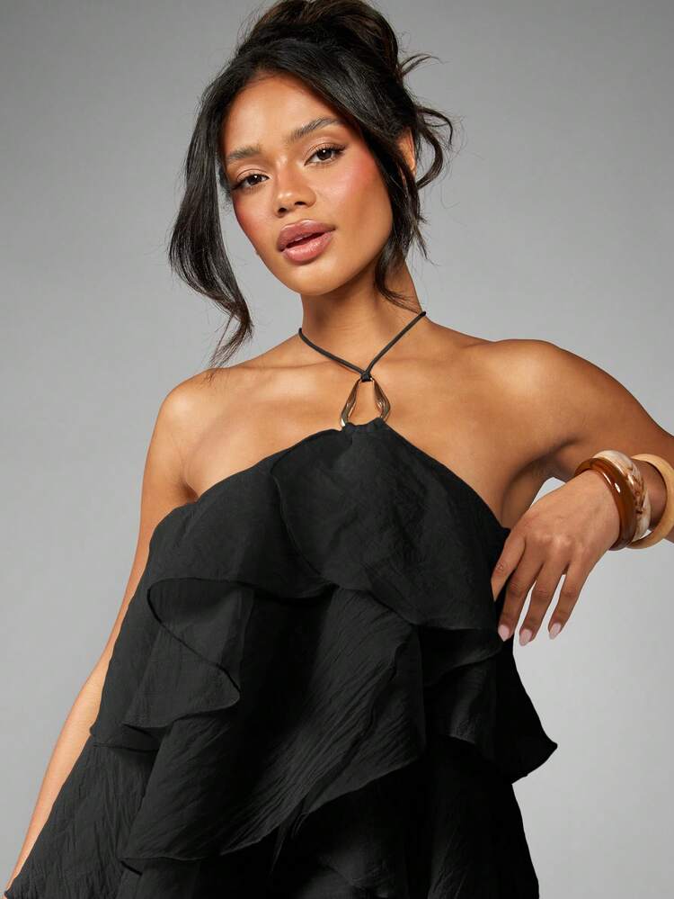 MISSGUIDED Ruffled Organza Mini Dress With Halter Neck Lace Up Back Detail Tiered Layered Party Dress For Special Events