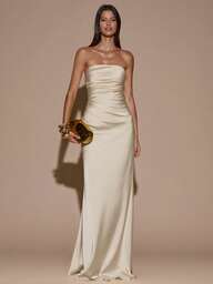 SHEIN BAE 秋冬季女士性感简约纯色奶油黄褶皱露背美人鱼连衣裙，适合派对、鸡尾酒会、正式场合、伴娘礼服、生日礼服、缎面长裙、圣诞节、宴会、商务休闲等场合。