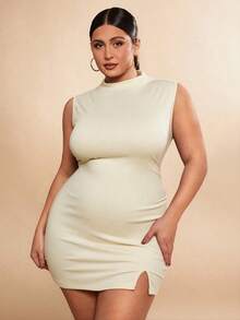 SHEIN BAE Váy midi hở vai màu đen không tay xẻ tà thanh lịch gợi cảm cỡ lớn dành cho nữ, thích hợp cho các buổi hẹn hò, trà chiều, đi làm, đám cưới, ngày lễ, tiệc tùng, sinh nhật, ngày lễ tình nhân, sự kiện trang trọng, bãi biển, câu lạc bộ - Màu be - Xem 3