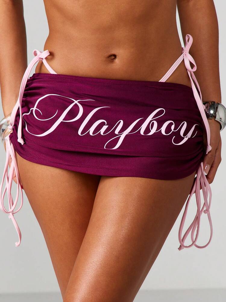 Missguided x Playboy Beach Logo Ruched Side Tie High Rise Bikini Bottom With Brand Script Print