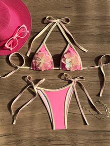 Swim Mod 2026春夏粉色杏色撞色吊带花卉装饰泳衣，甜美侧系带丁字裤比基尼（女士款） - 粉色 - 查看 1