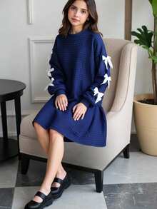 Tween Girl Casual Sports Elegant Contrast Color 3D Bow Ribbon Bow Loose Oversize Drop Shoulder Patchwork Ruffle Hem Long Sleeve Textured Plaid Embossed Sweatshirt Dress, Navy Blue Autumn Winter Clothes For Women Navy Blue Girl Dress Girls Long Sleeve Dress Modest Girls Dress Quilted Navy Dress Girls Dress