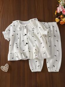 女婴纯棉褶皱蝴蝶结波点印花荷叶领开衫短袖套装（含裤子）休闲家居服 - 彩色 - 查看 6