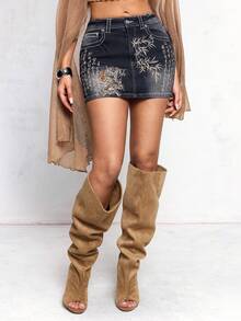 ROMWE J-Fashion Y2K复古低腰新款中国风虎头刺绣撞色牛仔迷你裙女装 - 黑色 - 查看 5