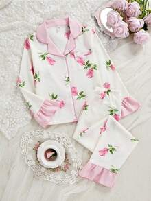 Tween Girls Matching Pajamas Pink Rose Floral Print Long Sleeve Lapel Woven Fabric Pant Sets For Mom And Daughter Casual - Multicolor - View 8