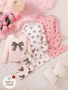SHEIN Playful Pals 3件套女童优雅甜美元素长袖紧身打底裤套装，粉白+浅杏色底+蝴蝶结，豹纹印花，舒适可爱公主风睡衣套装 - 彩色 - 查看 4