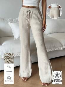 FavEase 女士纹理针织喇叭裤，带口袋和松紧腰带 - 杏色 - 查看 1