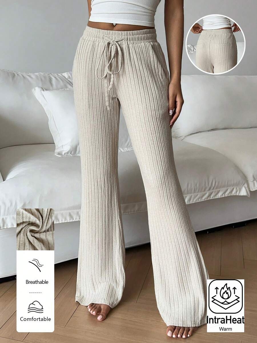 FavEase 女士纹理针织喇叭裤，带口袋和松紧腰带 - 杏色 - 查看 1