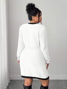 Elenzga Plus Size Women Colorblock Knitted Tie Front Elegant Sweater Dress, Autumn/Winter - White - View 2