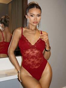 SHEIN BAE 女士黑色低胸蕾丝性感吊带可调节连体衣，适合情人节、春季和情人节穿着。 - 紅色 - 查看 3