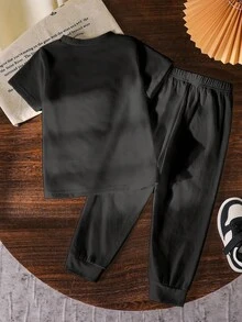 2pcs/Set Boys 67 Numeric Element Graphic Print Casual Fashion Comfortable Black Round Neck T-Shirt & Pants Set - Multicolor - View 3