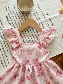 SHEIN 女婴优雅可爱粉色碎花荷叶边蝴蝶结连衣裙 - 粉色 - 查看 7