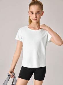 SHEIN Tween Girls' Casual Solid Color Hollow Back T-Shirt, Summer - White - View 7