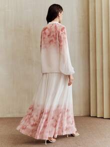 Anewsta 优雅粉色渐变印花褶裥喇叭裙和立领花瓣袖渐变印花两件套女装 - 粉色 - 查看 4